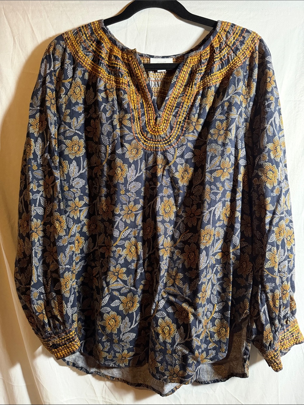 J. Jill Navy Floral Tunic with Yellow Embroidery and smock sleeves